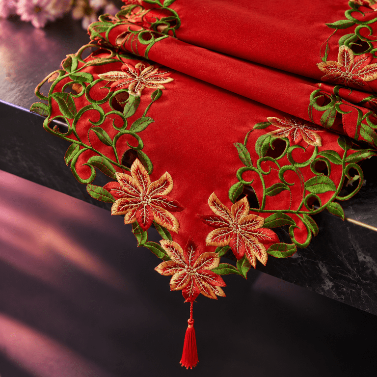Embroidered Polyester Table Runner 15x69 Inch Green Leaves Holiday ...