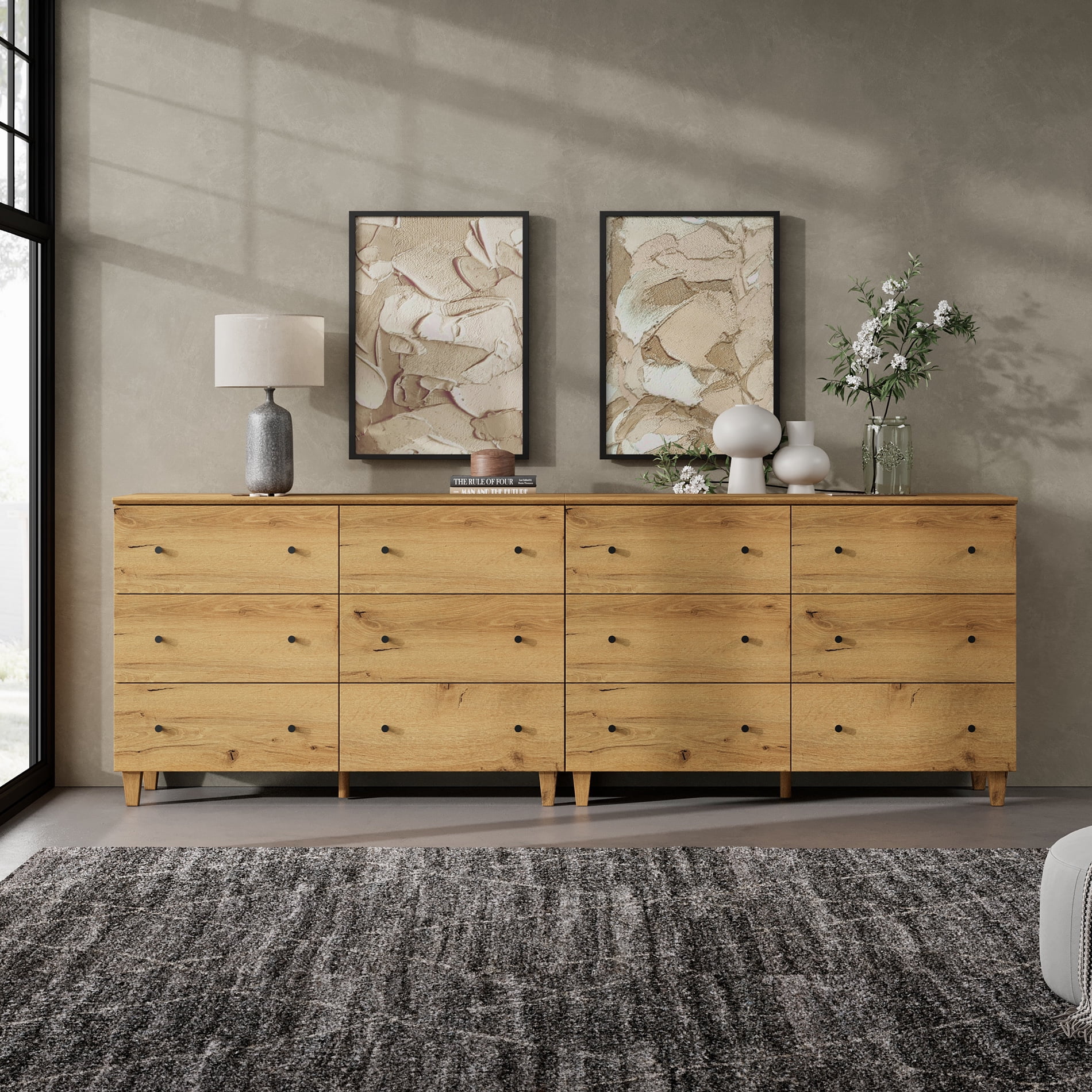 12 Drawers Dresser for Bedroom, 2-in-1 Modern Wooden Chest of Drawers, 94" Wide, Oak Brown Wood Finish