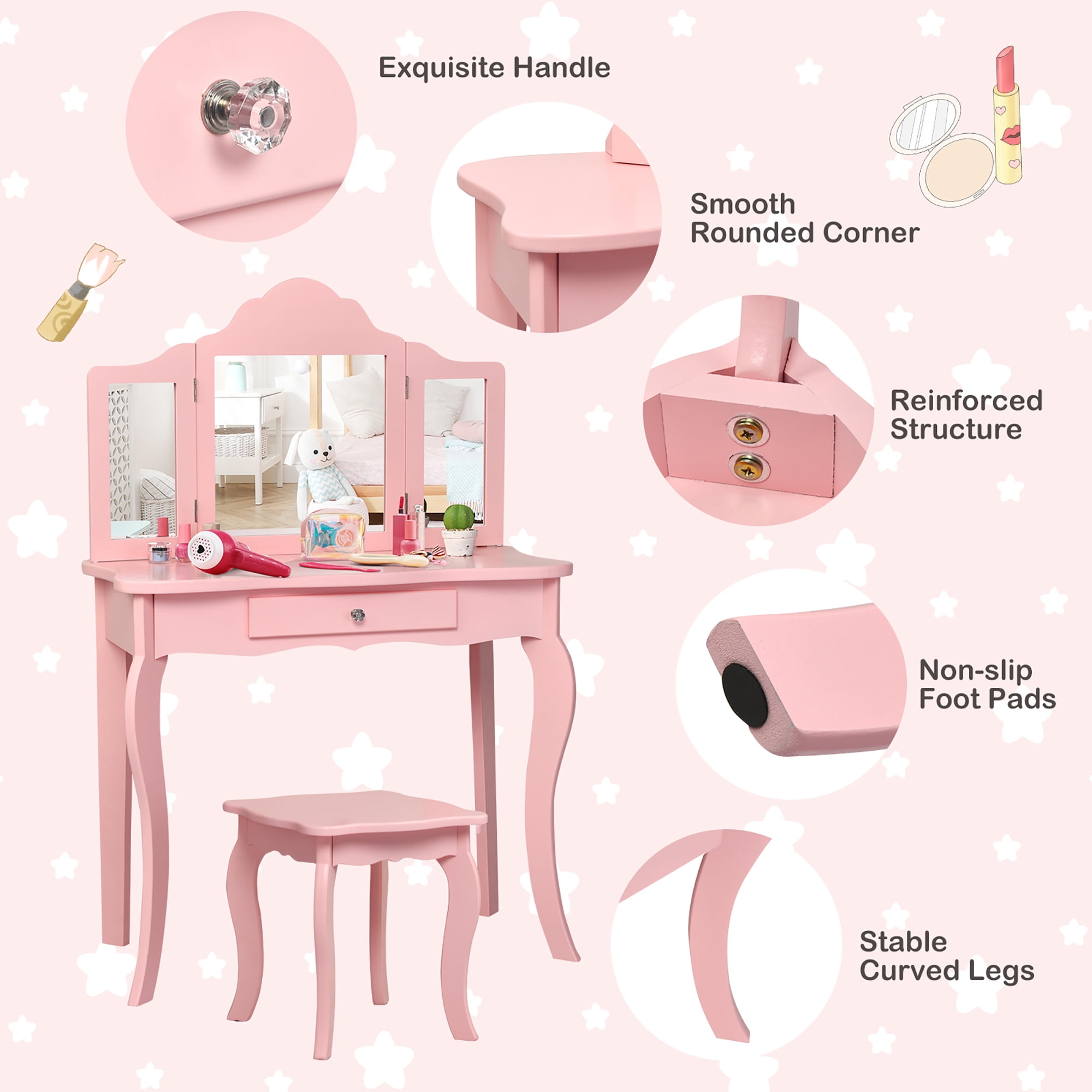 Costway Kids Vanity Makeup Table & Chair Set Make Up Stool Play Set For  Children Pink : Target