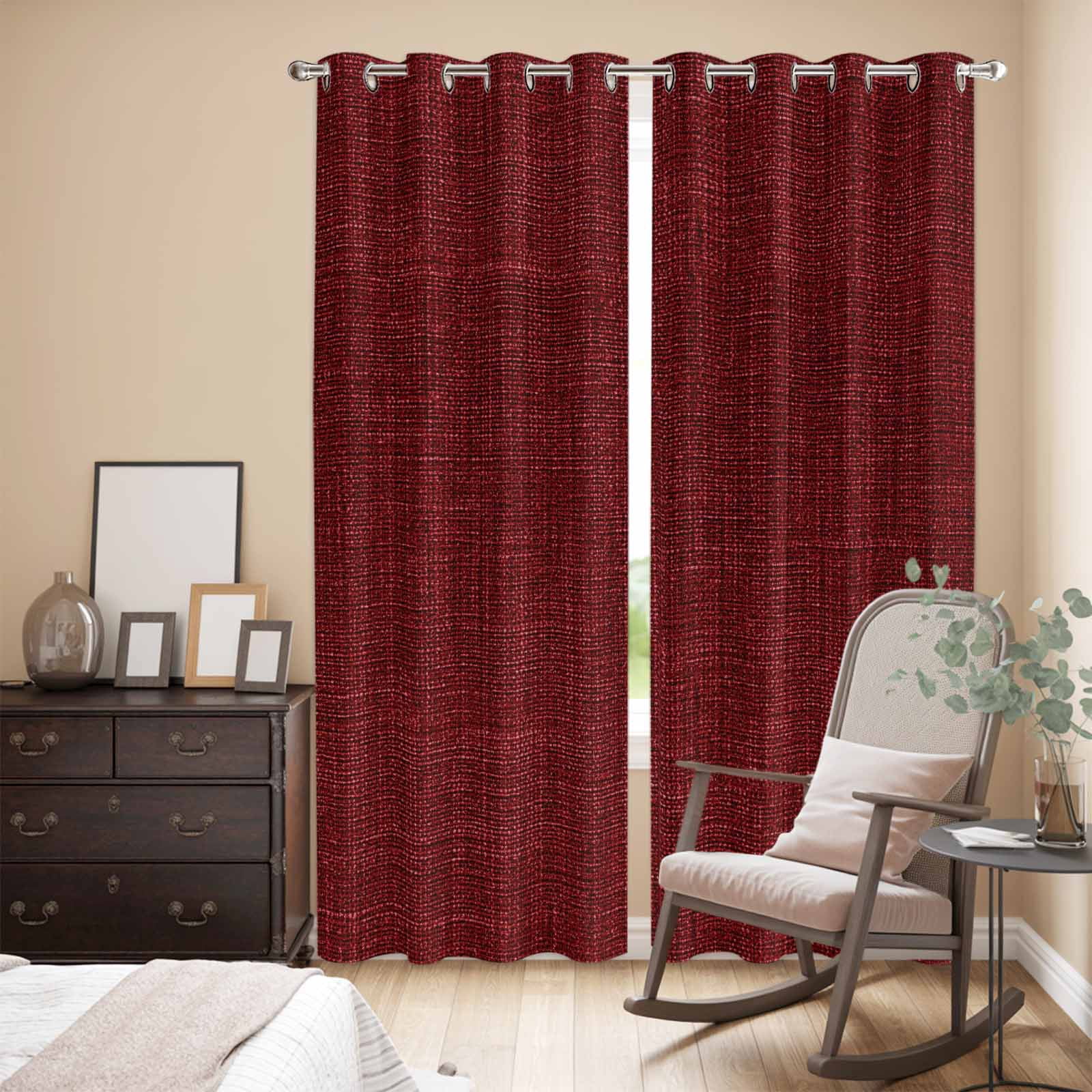 Kitchen Curtains 84 Inch Length 2 Panels, Vintage Dark Red Grommets Window Treatment Curtain, Farmhouse Retro Solid Color Linen Texture Thermal Curtains Drapes for Living Room/Bathroom
