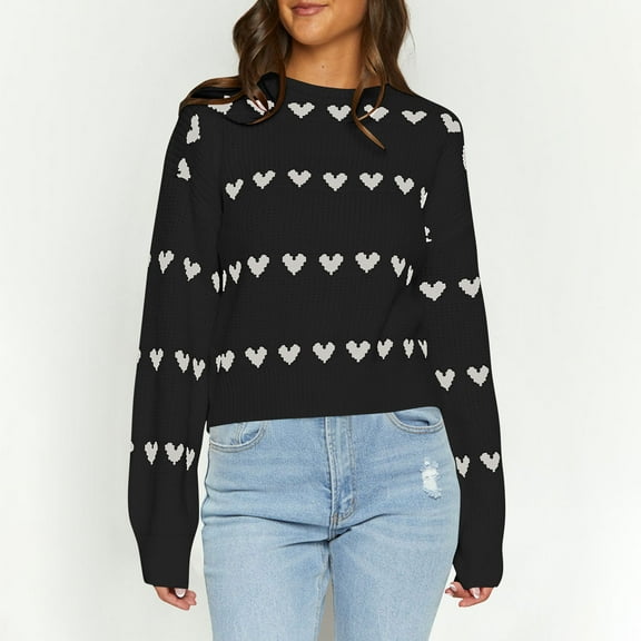 Zedker Women'S Striped Heart-Shaped Printed Casual Crewneck Long Sleeve Comfy Loose Pullover Pointelle Knitted Sweaters for Fall,Black,L