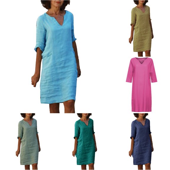 Wxolcjlv Women Shirt Dress Rolled Sleeve V Neck Pocket Casual Summer Beach Tunic Midi Dress