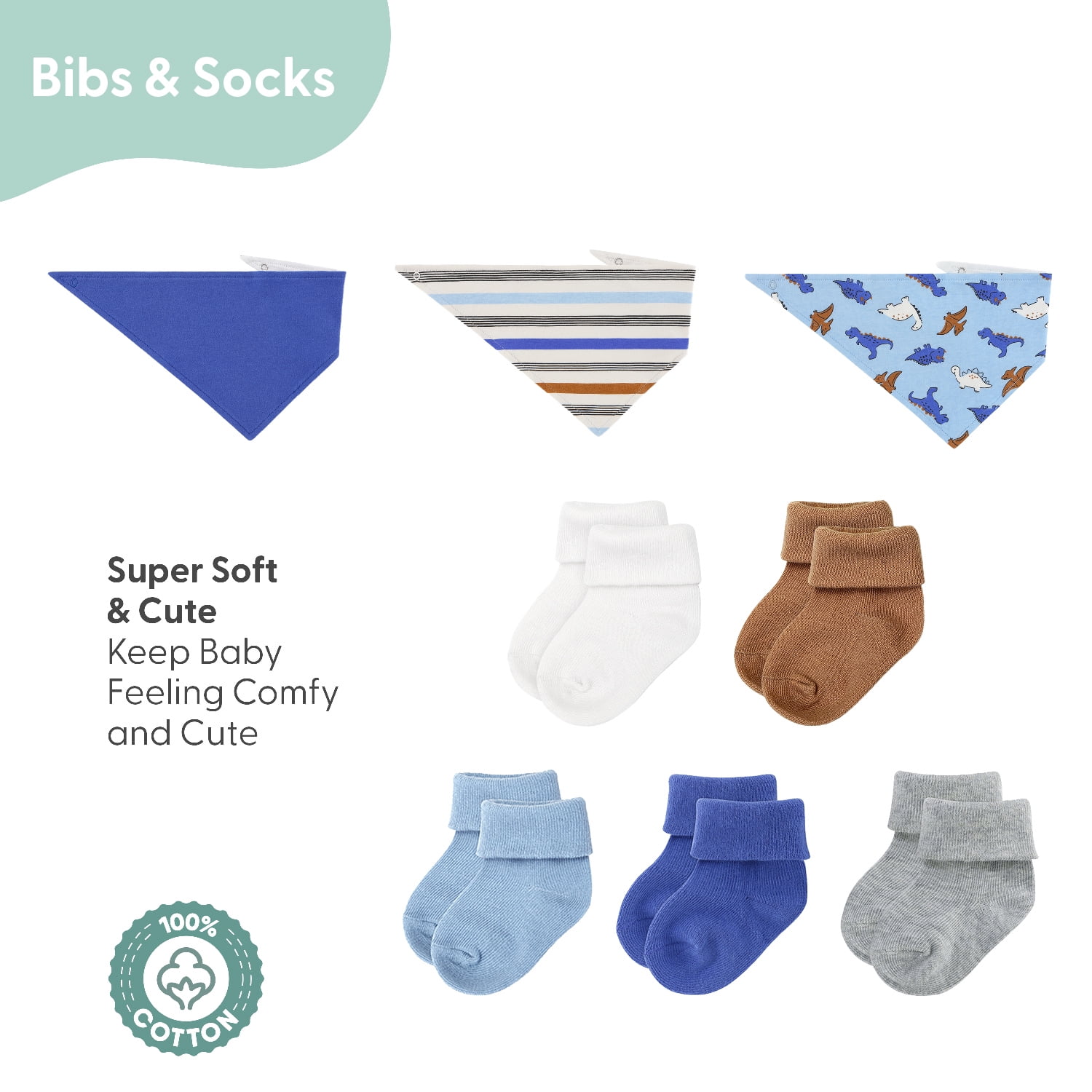 The Peanutshell Blue Dino Baby Boy Clothes Set, Sleepers, Bodysuits, Bibs and Socks, 6-9 Months, 15-Pc