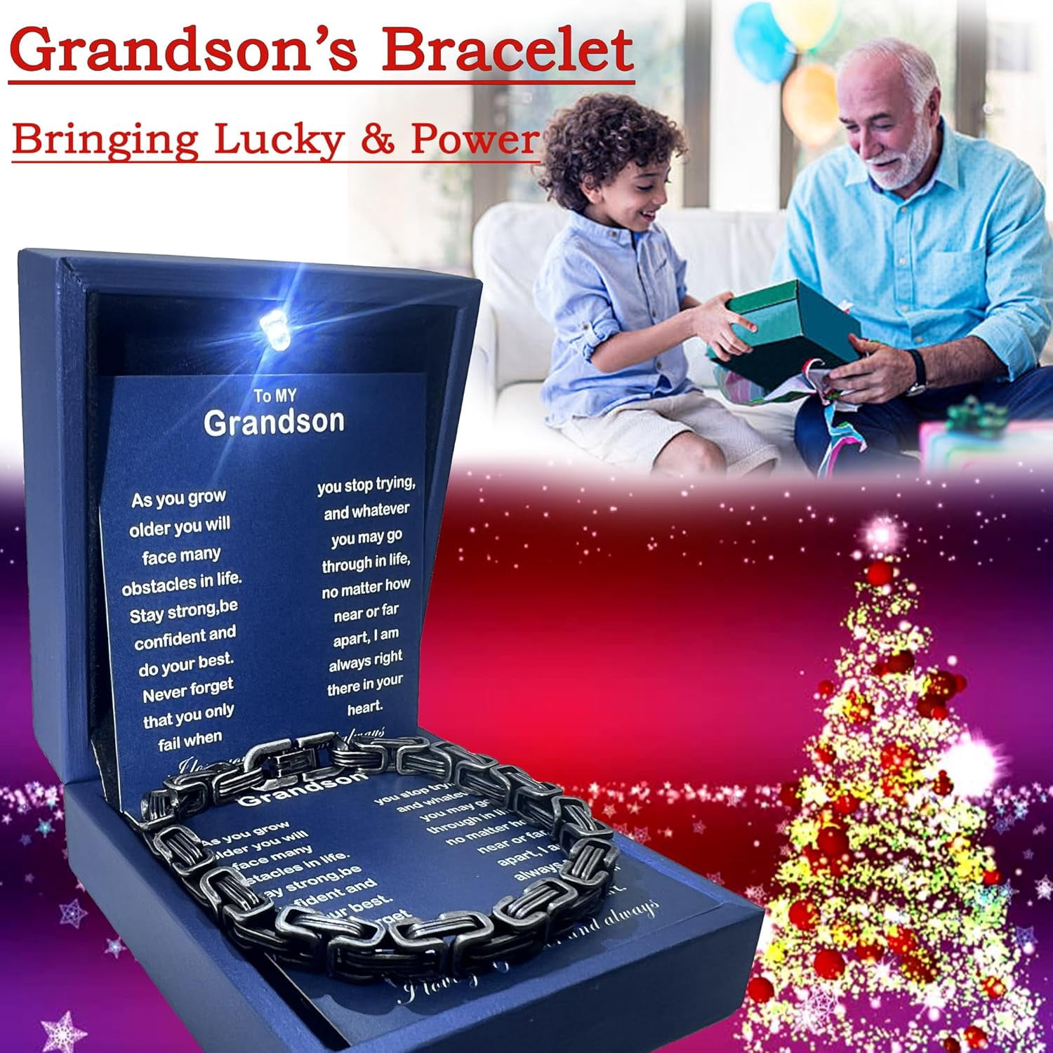 To My Grandson Bracelet Grandson Gifts From Grandma Grandparents Graduation Birthday Christmas Gifts With Message Card＆LED Gift Box