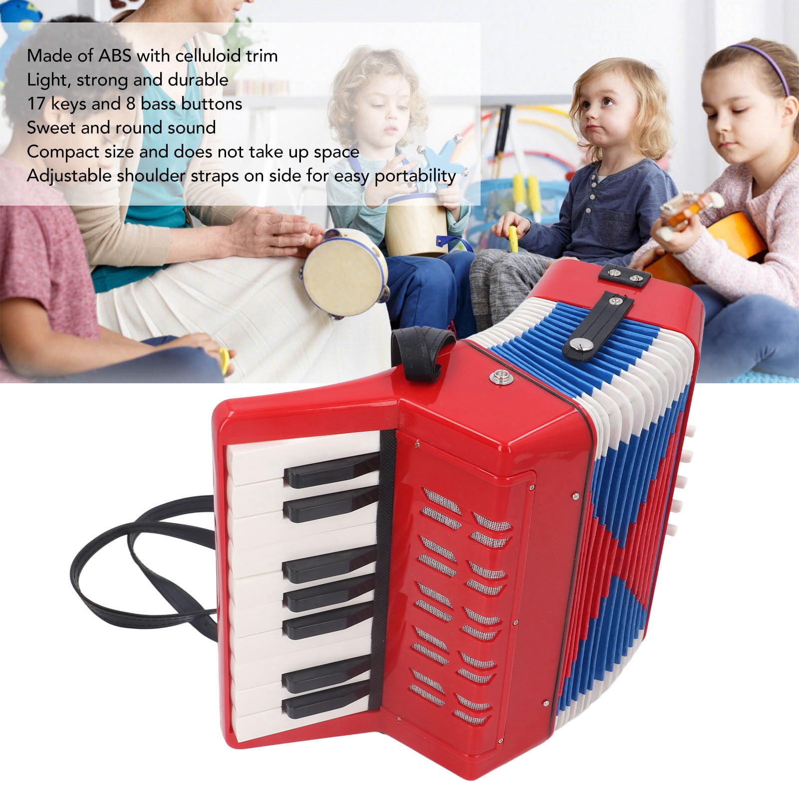 Piano Accordion 9.1 X 9.1 X 3.9 Inches Entry Level Piano Accordion ABS Plastic With Retractable Leather Strap 17 Keys 8 Bass Keys Entry Level Accordion Portable Accordion For Kids Beginners