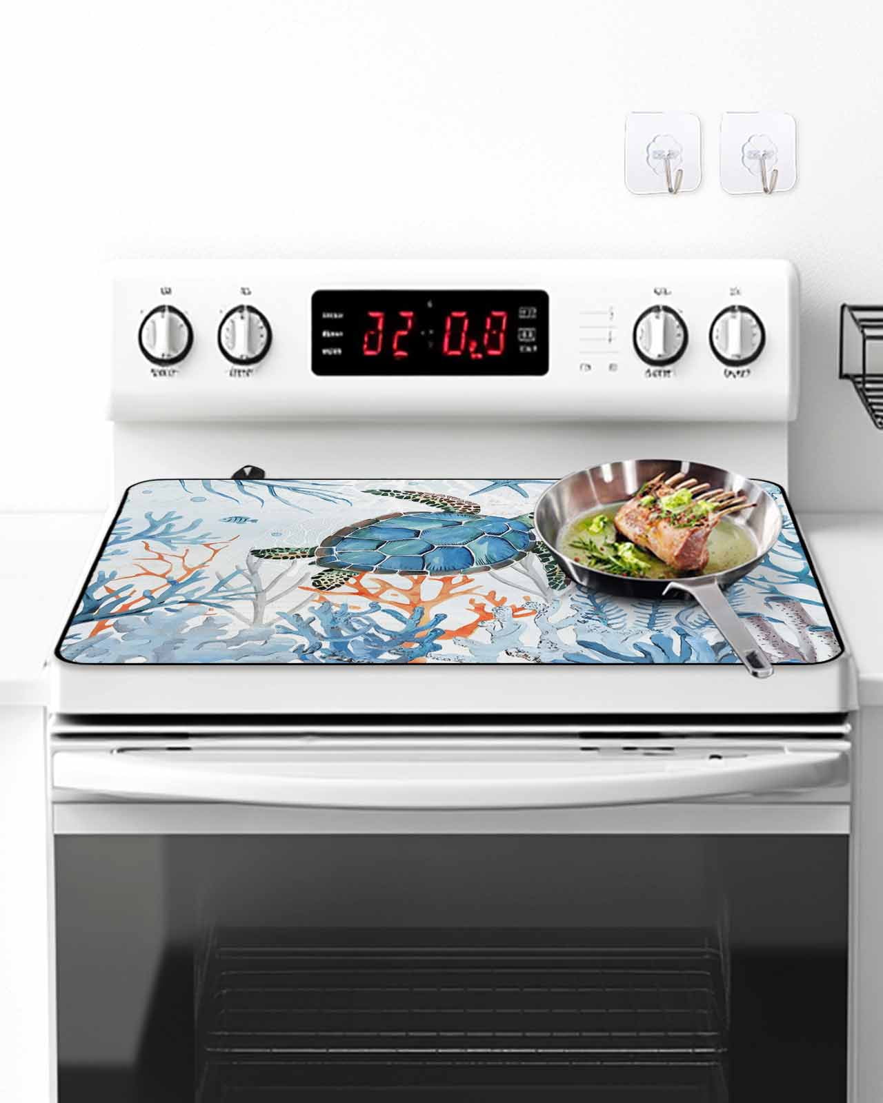 Stove Top Covers for Electric Stove, Turtle Glass Stovetop Cover Protector, Blue Coastal Starfish Ocean Coral Nautical Induction Cooktop Protector Oven Mat for Kitchen Countertop 24"x21"