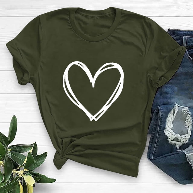 Meichang T-Shirts de la Saint-Valentin pour Femmes avec Imprimé Cœur, Manches Courtes, Col Rond, Coupe Ample