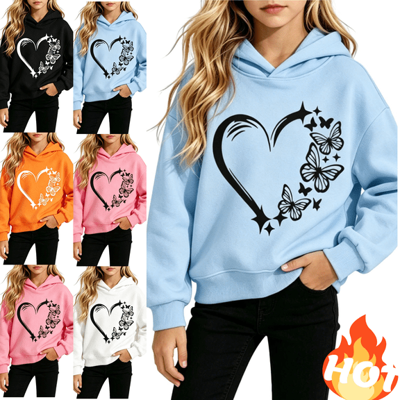 Mifsaly Kids Girls Hoodie Heart And Butterfly Graphic Print Long Sleeve Hooded Sweatshirt Comfortable Loose Fall Winter Casual Activewear Everyday Playwear