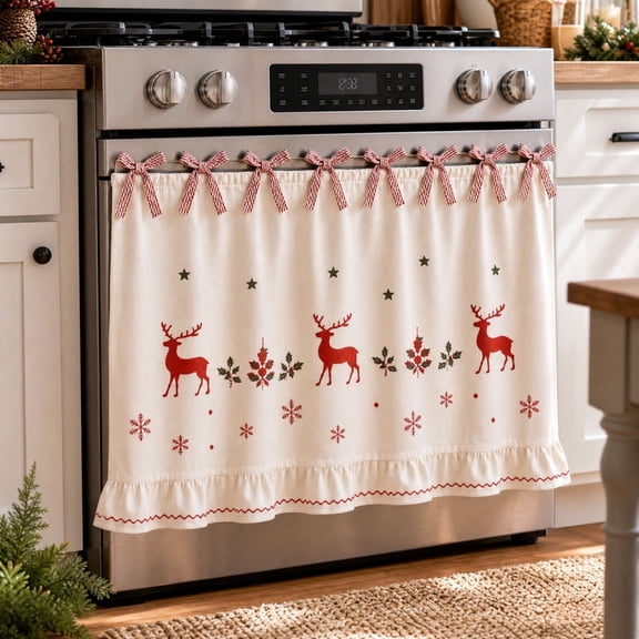 Oven Skirt Curtain with Tie Top, Farmhouse Decorative Stove Door Panel Curtain, Rustic Kitchen Decor for Country Home Kitchen Decoration