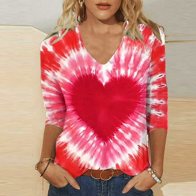 TaTaai Women Loose Casual V-Neck Pullover Top Valentine's Day Random Print 3/4 Sleeve Stylish Ladies Daily Outdoor Wear No Fading Soft Comfortable High-Rated Fashion Top Gift