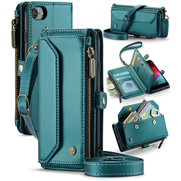 For iPhone SE 2020/2nd Case Crossbody Wallet for Women Men,with Card Slots Zipper Pocket,PU Leather Magnetic Flip Folio Wristlet Shoulder Strap 3-in-1 Crossbody Phone Case Wallet,Green