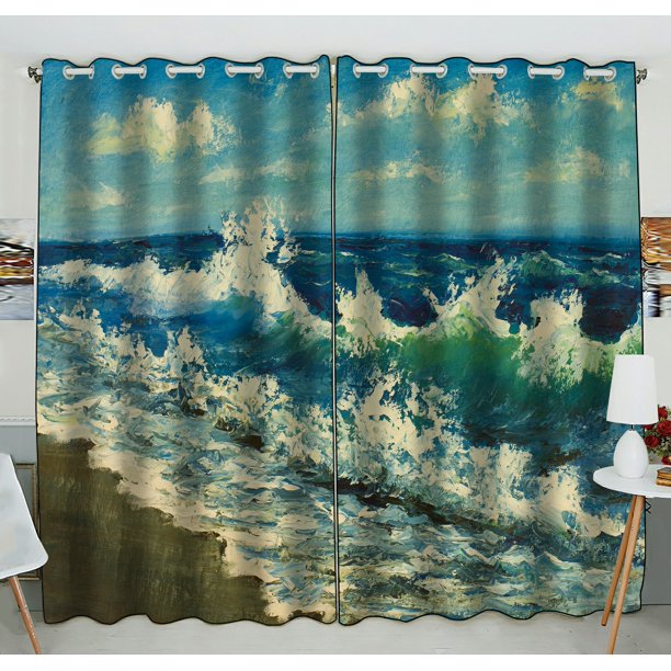 PHFZK Beautiful Ocean Waves Window Curtain, Oil Painting of Sea Beach