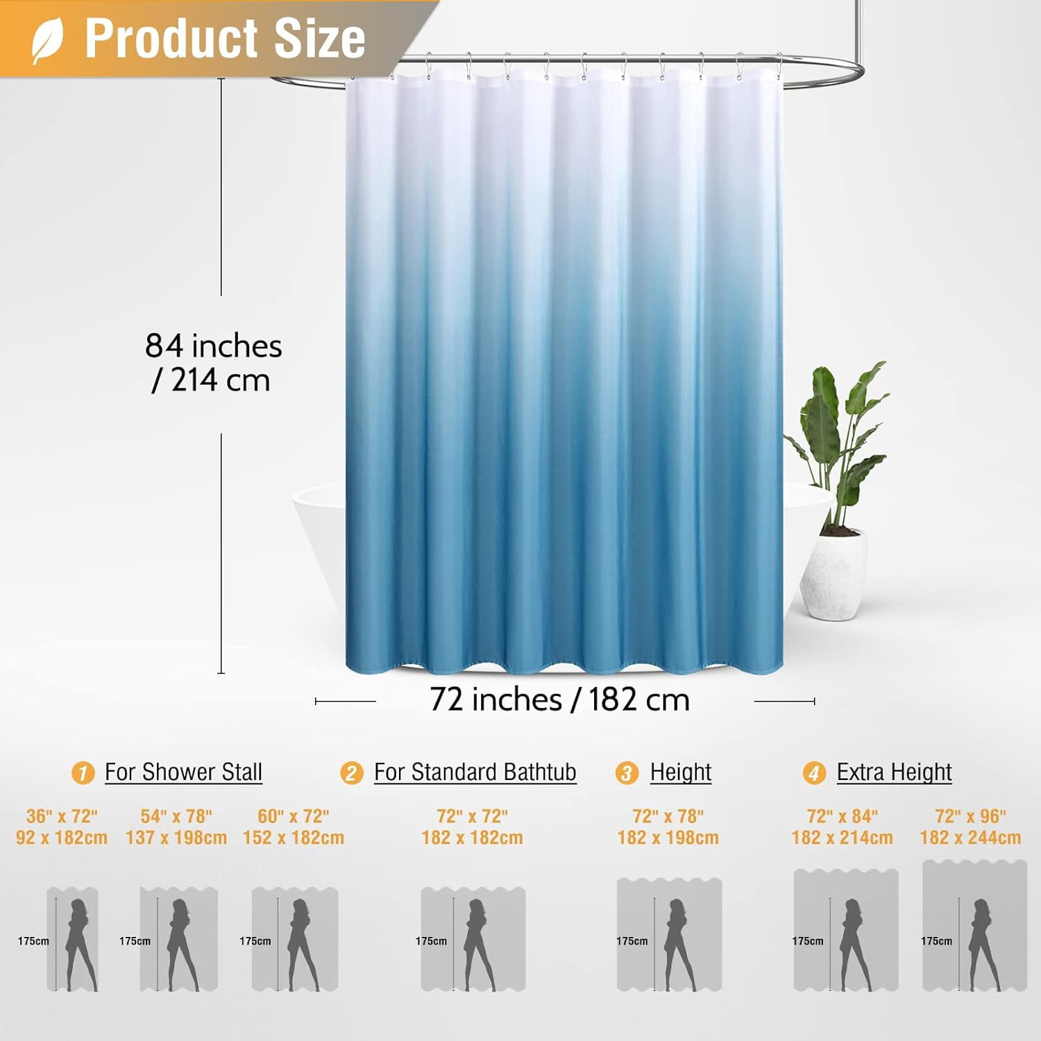 Extra Long Shower Curtain - 84 Inch Long Ombre Linen Textured Fabric Shower Curtain Set with Metal Hooks, Tall Modern Simple Neutral Polyester Shower Curtains for Bathroom, 72x 84, Blue Grey