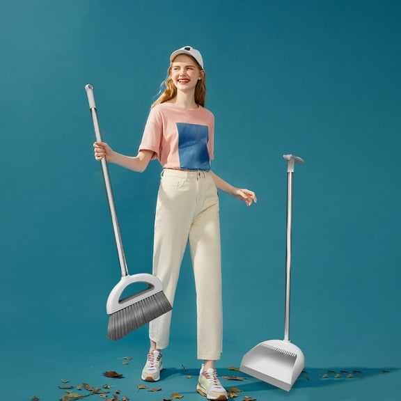 Home Broom and Dustpan Set Long Handle Broom with Upright Standing Dust Pan for Home Office Hardwood Floors Pet Hair