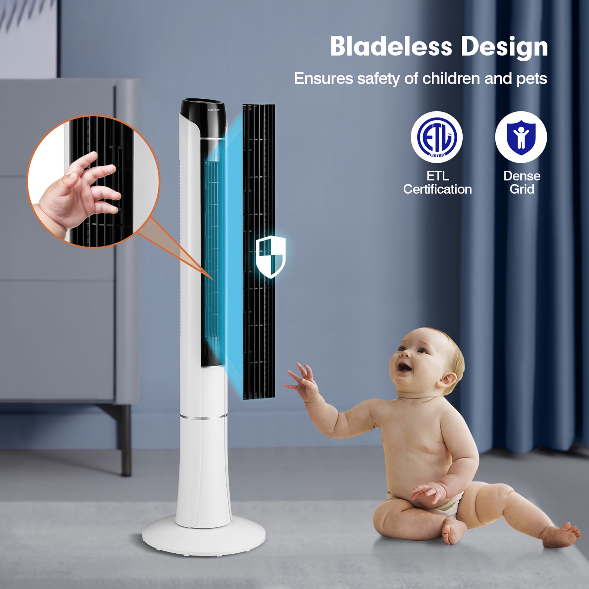 Costway Portable 48'' Tower Fan 80° Oscillating Bladeless Fan with Remote & LED Control