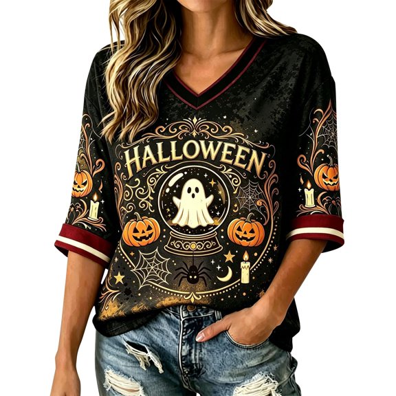 Bovemsi Tops for Women Trendy Loose‑Fit V‑Neck Half‑Sleeve Prints Fashion Outfits Clothes L