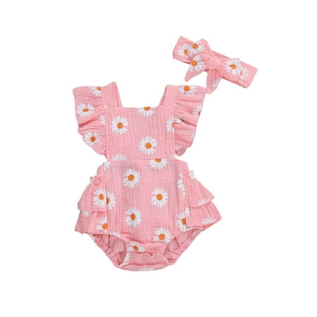 

Pudcoco Baby Girls Summer Clothes Sleeveless Ruffled Chrysanthemum Romper + Headband