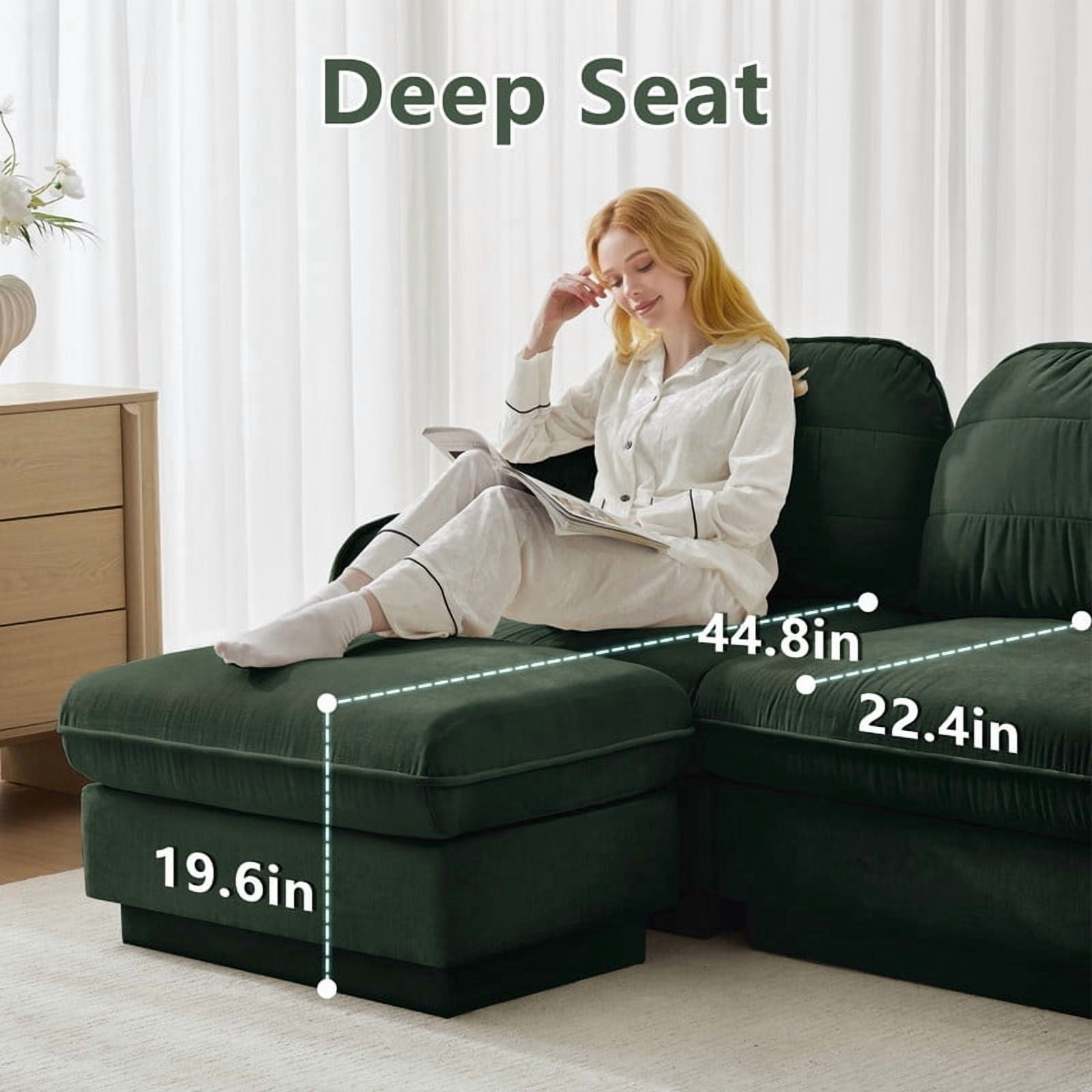 Chenille Modular Sofa with Ottoman, 2-Seater Deep Seat Cloud Couch, Convertible Sectional Sofa with Quilted Cushions & Round Pillows, Modern Sofa for Living Room, Apartment,Green