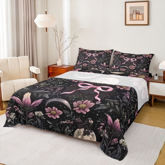 Homewish Chic Pink Flowers 3pcs Twin Sheet Sets For Teens Boys Girls,Kawaii Cute Bow Twin Fitted Sheet,Exotic Style Breathable Flat Sheet,Lightweight Room Decor
