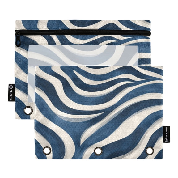 2 Pack 3 Ring Binder Pouch with Clear PVC Window Water Resistant Zipper Pencil Pouch Dark Blue Zebra Stripes Binder Pocket for Classroom Office Home Stationery Organization