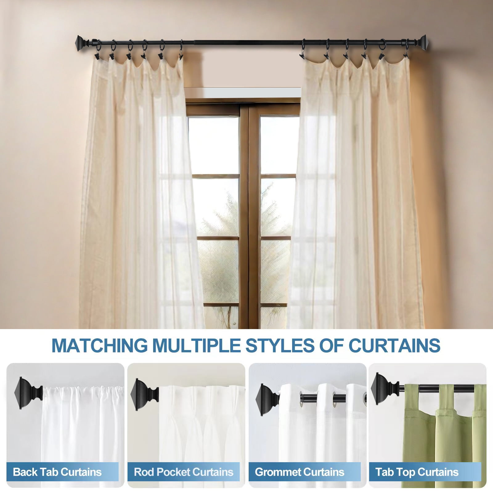 Urbanest Single Curtain Rod with 16 Clip Rings & Decorative Square Urn Finials – Classic Metal Window Drapery Rod Set, Heavy-Duty & Adjustable, 5/8" Diameter, 48" to 84", Matte Black
