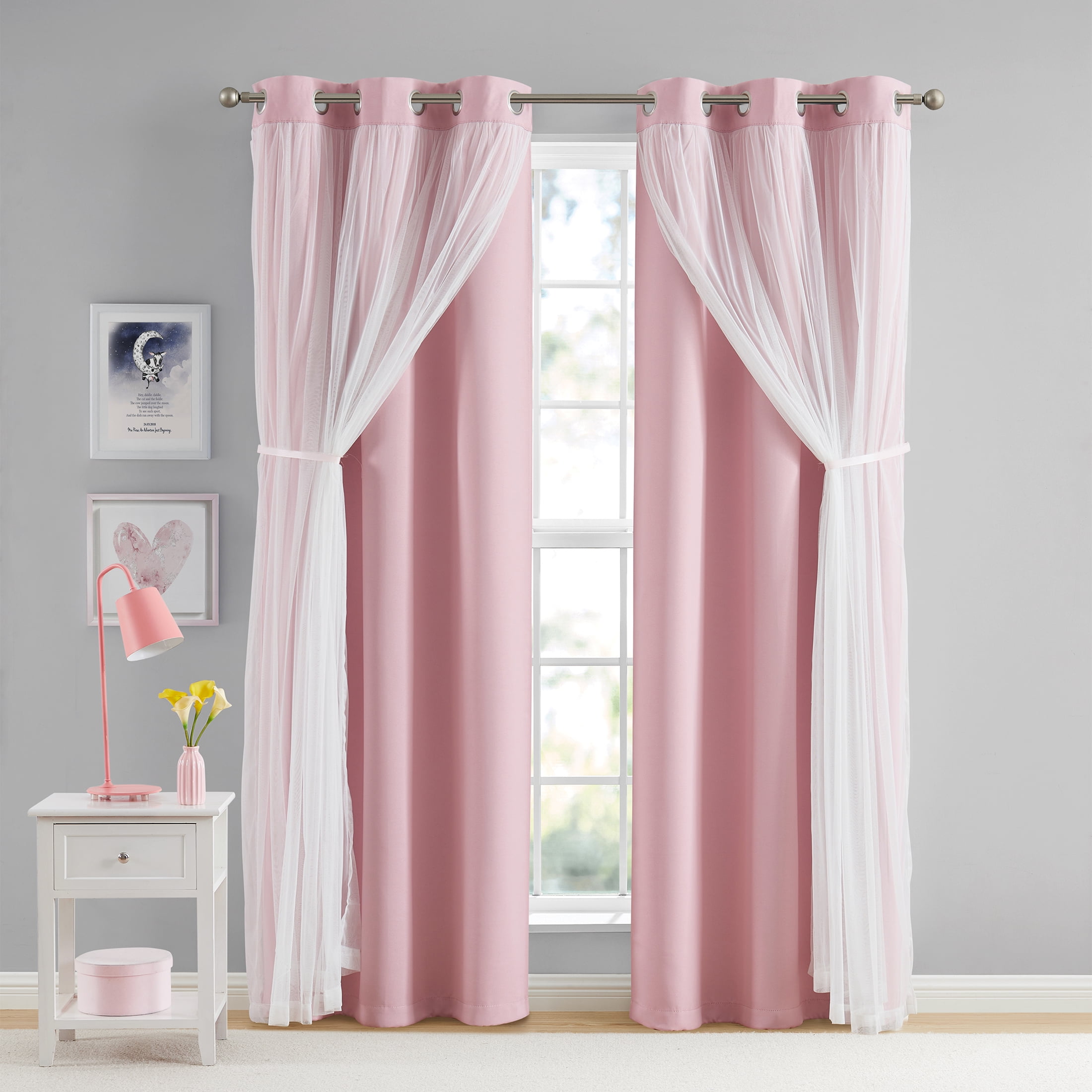 Your Zone Blackout Curtain Panel with Sheer Overlay, 1 Panel, Pink, 37" W x 95" L