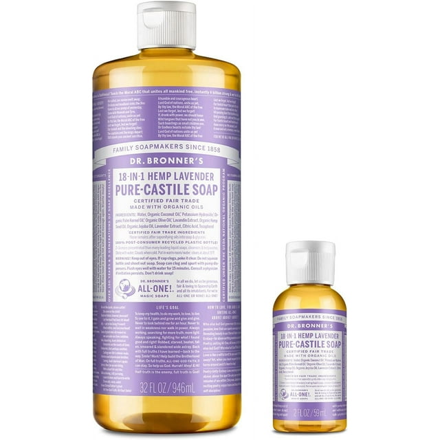 Dr. Bronner’s Pure-Castile Liquid Soap – Lavender Bundle. 946 mL Bottle and 59 mL Travel Bottle