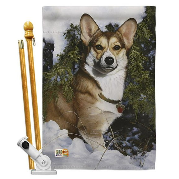 Breeze Decor BD-PT-HS-110088-IP-BO-D-US16-AL 28 x 40 in. Corgi Nature Pets Impressions Decorative Vertical Double Sided House Flag Set & Pole Bracket Hardware
