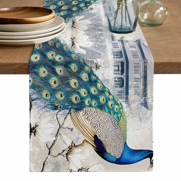Elegant Peacock Table Runner, Vintage Attic Magnificent Feathers Washable Cotton Linen Table Runners 72 Inches Long, Dresser Scarf Runner for Dining/Coffee/Kitchen/TV Stands/Cabinets 13''x72''