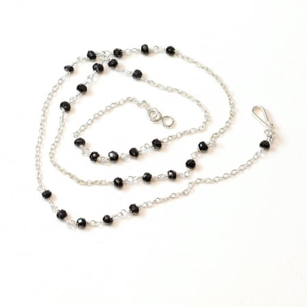 Sterling Silver Black Spinel Necklace Smooth Gems Beaded Silvertone Chain Link 18"