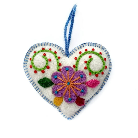 White Heart Ornaments, Multicolor Embroidered Wool Christmas Decor Fair Trade from Peru