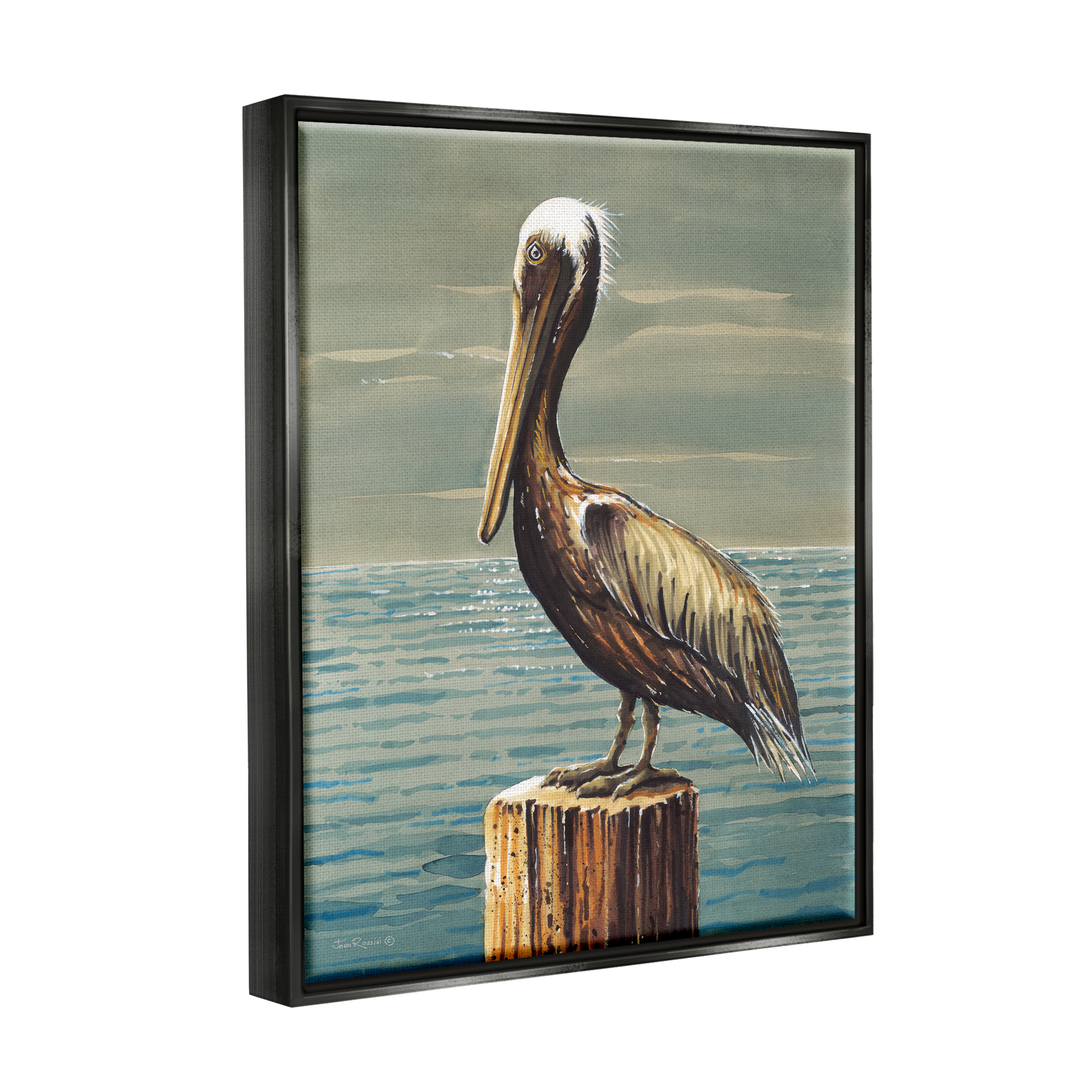 Stupell Industries Pelican and Cloudy Seascape Animals & Insects Painting Black Floater Framed Canvas Art Print Wall Art, 25 x 31