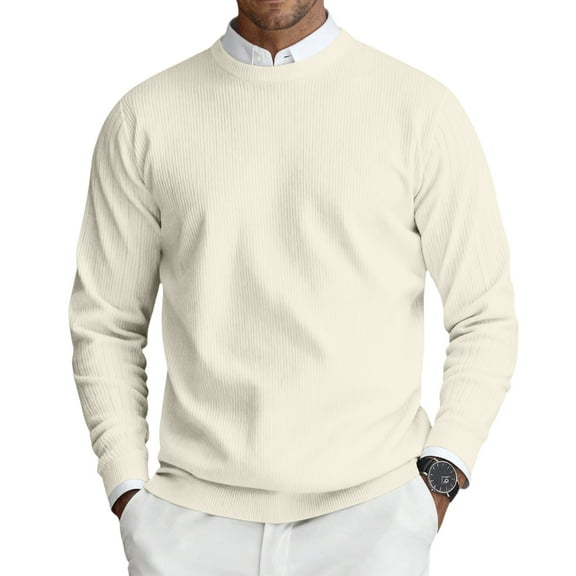 CharmCyan Men’s Crewneck Pullover Sweater Long Sleeve Ribbed Knit Lightweight Classic Fit Soft Material Simple Design Beige L