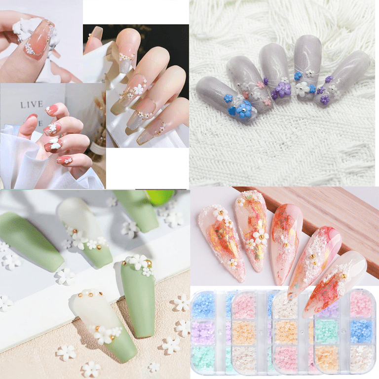 3D Flower Nail Art Charms White Flowers Nail Rhinestones Kit 3D Crystal  Nail Pearls Flat Design Acrylic Nail Art