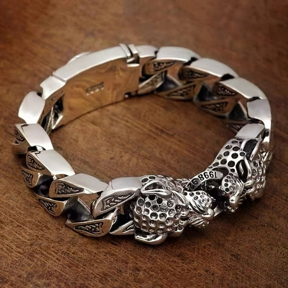 Handmade silver leopard head bracelet for men - firm retro design, woven leopard tail, best choice for holiday gifts for friends and family,-7.87 inches