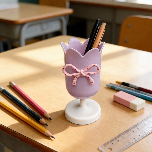 Vaso portalápices tulipán con lazo, organizador de escritorio macaron para estudiantes, brochas de maquillaje y material de oficina
