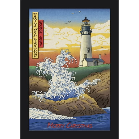 Newport, Oregon - Yaquina Head Lighthouse - Merry Christmas - Woodblock - Lantern Press Artwork (12x18 Giclee Art Print, Gallery Framed, Black (Best Wood For Woodblock Printing)
