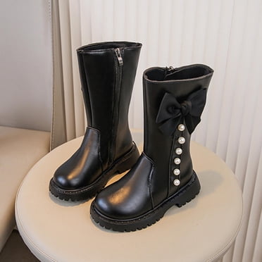 NAISIBABY Girls Mid-Cut Boots, Zipper PU Leather British Style Fashion Pearl Bow Princess Boots Black