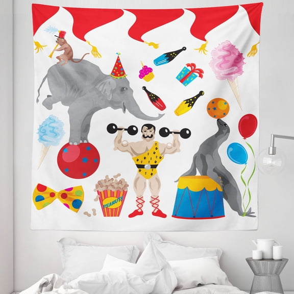 Circus Tapestry, Fun Demonstration of Monkey and a Man Performing Around Celebrating, Fabric Wall Hanging Decor for Bedroom Living Room Dorm, 5 Sizes, White Multicolor, by Ambesonne