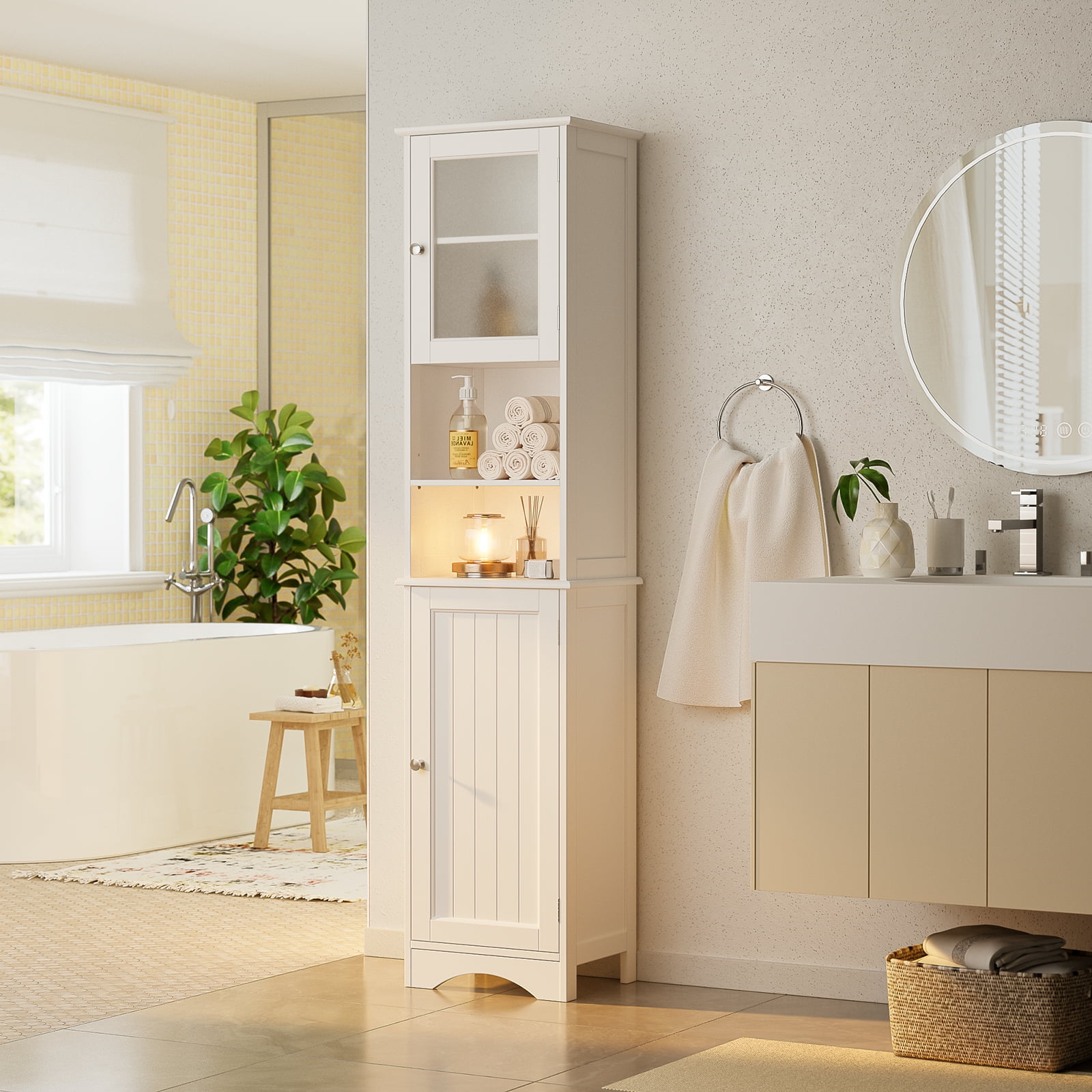 Lofka 67.1"H Wooden Bathroom Storage Cabinet with Transparent Glass Door and Adjustable Shelves for Living Room, White