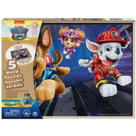 UPC: 0778988409732 | PAW PATROL THE MOVIE – SET OF 5 WOOD PUZZLES WITH STORAGE BOX FOR KIDS