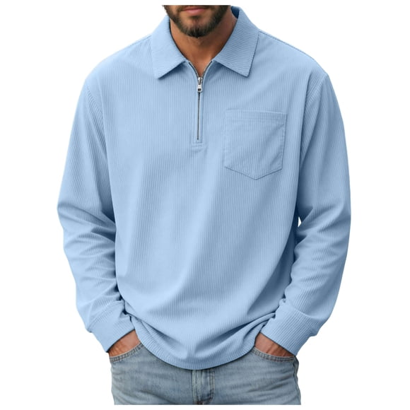 Ketyyh-chn99 Mens Casual Polo Shirts Men's Long Sleeve Solid Color Half Zipper Chest Pocket Long Sleeve Size for S,Sky Blue