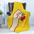 thumbnail image 4 of Fruit Soft Flannel Fleece Throw Blanket, Retro Pop Art Hand Holding a Couple of Cherries Sketch Design on Yellow Background, Cozy Plush for Indoor and Outdoor Use, 70" x 90", Multicolor, by Ambesonne, 4 of 5