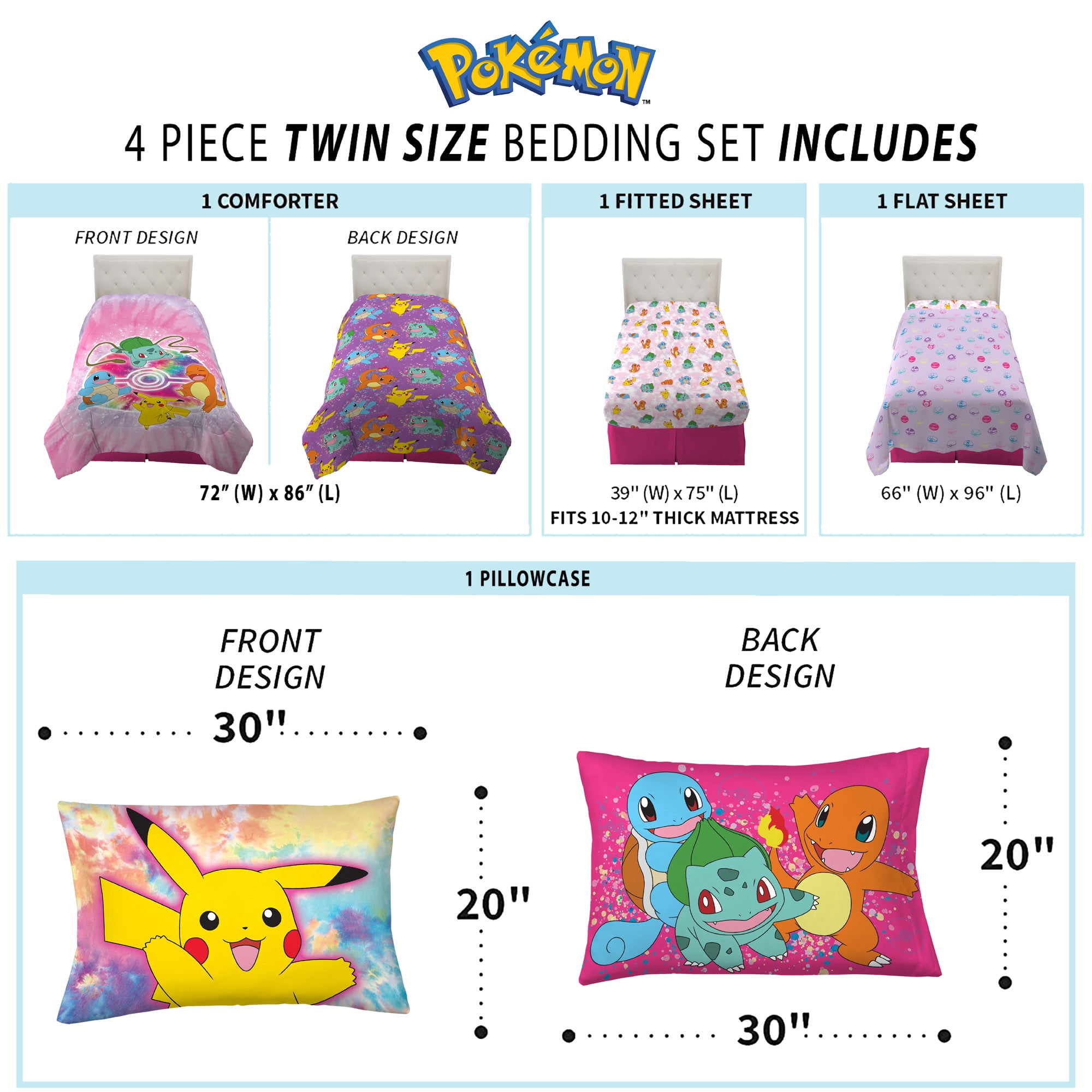 Pokemon Kids 4 Piece Purple Pink Tie Dye Reversible Comforter, Bed in a Bag, Twin