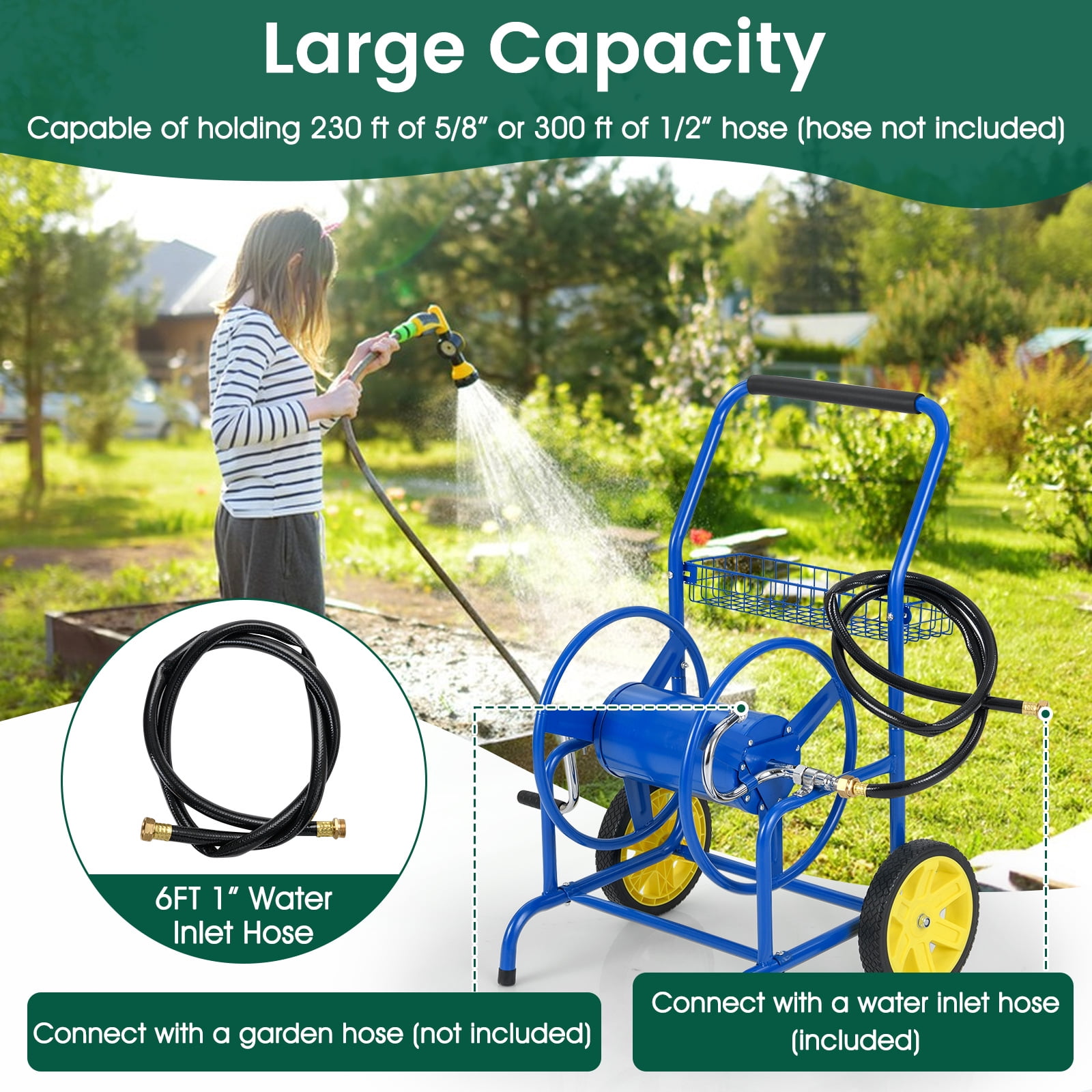 Gymax Garden Hose Reel Cart 230 FT of 5/8'' Large Capacity w/ 2 Wheels Storage Basket Blue