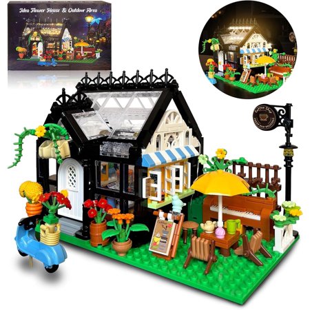 Flower House Building Set with LED City Street Black House Flower Shop Building Blocks Toy Gift for Girls 8-12 Year Mini Brick 475pcs