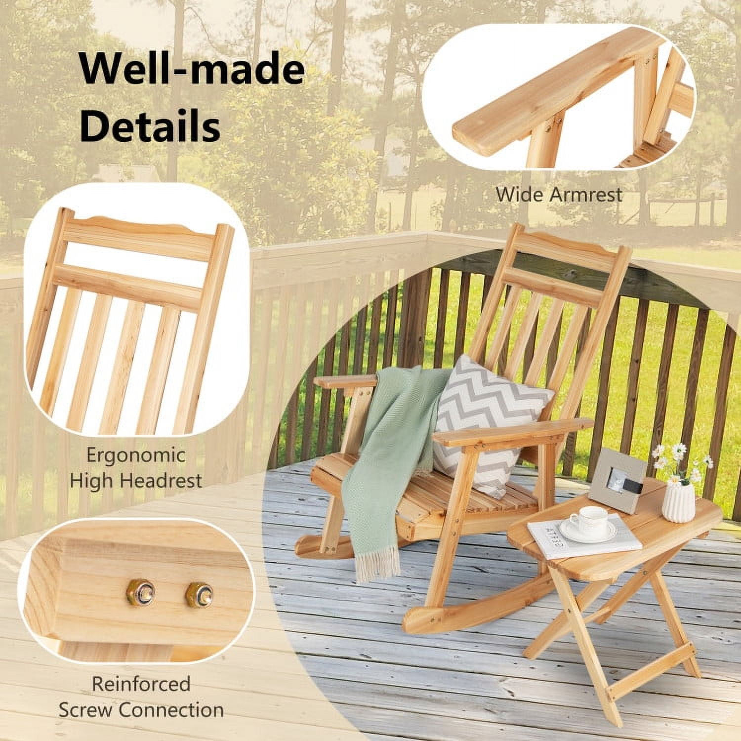 Aimee Lii Outdoor Rocking Chair with folding Table, Patio Wooden Rocker Chair for Lawn, Porch, Backyard, Indoor and Garden, Natural