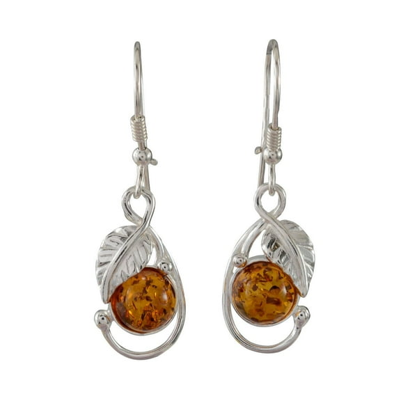 Sterling Silver and Baltic Honey Amber Kidney Hook Leaf Earrings