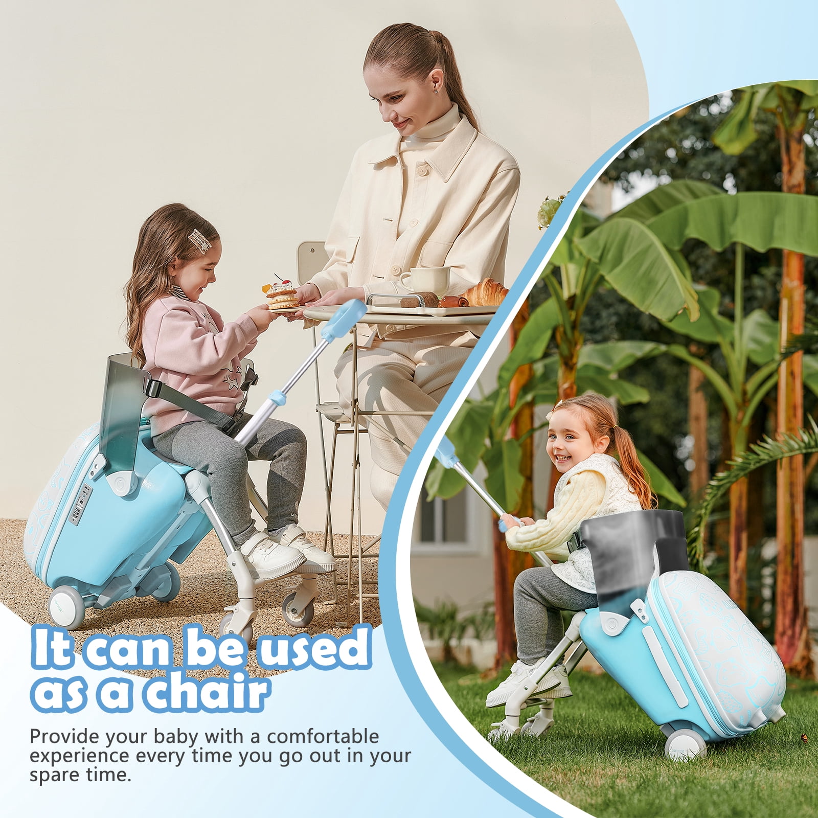ReadRun Kids Ride-On Carry-On Luggage 20", 2-in-1 Travel Suitcase with Spinner Wheels and Seat, Toddler Stroller Case for Airplane Trips, Blue
