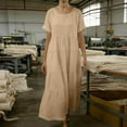 thumbnail image 4 of Women Linen Summer Long Sundress Crewneck Short Sleeve Maxi Dress 2026 Casual Loose Beach Dress with Pockets Khaki M, 4 of 5